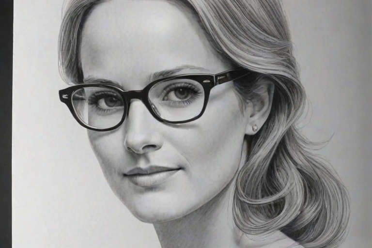 Elegant Helen Hunt, pencil sketch, portrait of Gorgeous woman 1960s in glasses, hair style beatnik, outline, clear lines, fine lines, 8k