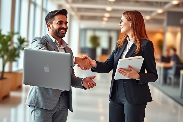 Create a high-resolution illustration of two professionals shaking hands, one holding a laptop and the other holding a notepad, set against a modern office background, using a DSLR camera with a 50mm lens, f/1.8 aperture, ISO 100, natural lighting, and a shallow depth of field to enhance clarity and focus.