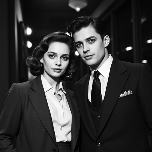 Black-and-white photograph, couple, tailored suits, retro hairstyles, film noir style, Tilt the camera for a dynamic Dutch angle using a versatile 24-70mm lens