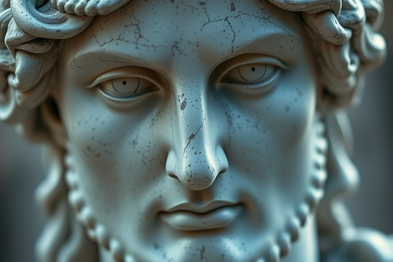 Create a hyper-realistic close-up of a classic statue with detailed facial features, using a Canon EOS R5 camera with an 85mm f/1.2 lens, aperture set to f/1.2 for a shallow depth of field, ISO 100, and a soft natural light setting to enhance textures and contrasts.