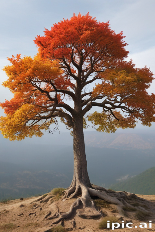 A Majestic Autumn Tree with Vibrant Orange Leaves Against a Scenic ...