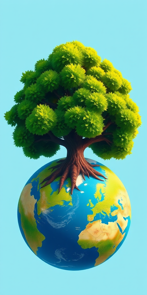 Create a vibrant illustration of a stylized Earth with a large tree on top, focus on bright greens for the tree and vivid blue for the Earth, shot with a Canon EOS 5D Mark IV at f/8, ISO 100, 24mm focal length, soft lighting, top-down view for depth and clarity.
