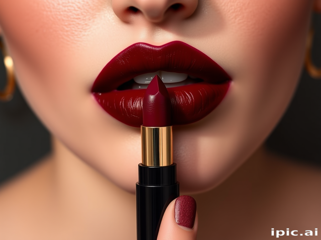 Dramatic "Crimson Noir" velvet liquid lipstick in deep burgundy, intense pigmentation with a soft-focus finish, ideal for vintage-inspired glamour