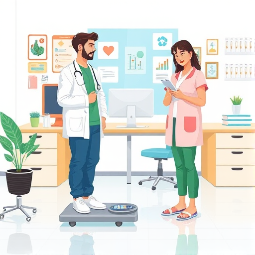 illustration of a healthcare scene showing a patient standing on a scale with a doctor taking notes, background featuring a desk with a computer and health-related images, use bright colors, set in a well-lit office environment, camera settings: f/8, ISO 200, shutter speed 1/60, camera view: wide-angle, camera style: flat lay, camera type: digital illustration