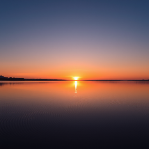 Generate a high-resolution image of a serene sunset over a calm lake, using a DSLR camera set to aperture f/8, shutter speed 1/125 sec, ISO 200, with a wide-angle lens at 24mm, capturing a clear reflection on the water surface.