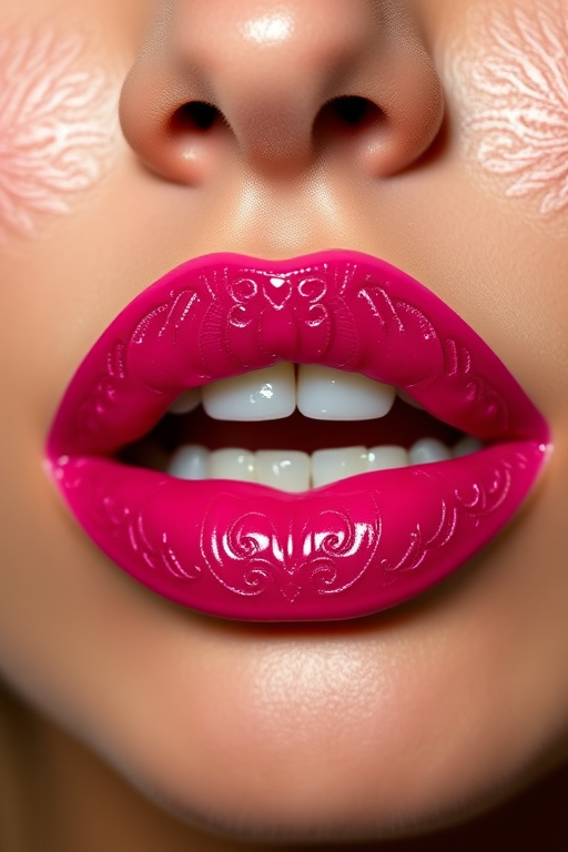 Bright fuchsia lips with intricate lace patterns, dubbed "Raspberry Rendezvous," make a bold statement with a glossy finish and subtle shimmer for romantic date nights