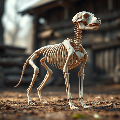 A highly detailed 3D rendering of a dog skeleton standing in a rustic environment, natural lighting, focus on intricate bone structure, shallow depth of field, DSLR camera, 50mm lens, aperture f/1.8, ISO 100, 1/200 sec shutter speed.