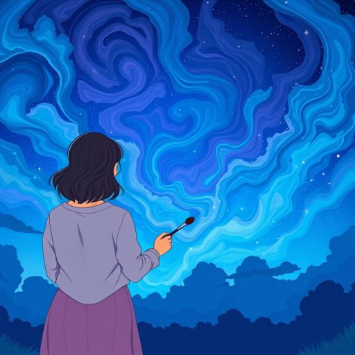 Generate an artistic illustration of a woman standing with her back to the viewer, holding a paintbrush and painting a vibrant night sky filled with swirling clouds in shades of blue and purple, with stars scattered throughout, shot in 50mm lens at f/1.8 aperture with a shallow depth of field and a high dynamic range setting on a mirrorless camera.