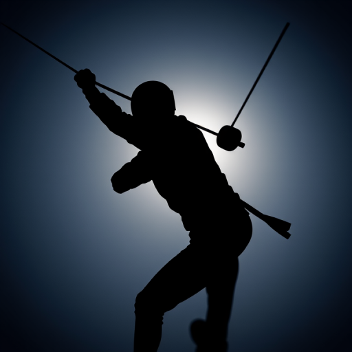 Create a dynamic silhouette of a fencer in mid-action with a sword extended, captured in high resolution at f/2.8 aperture, ISO 100, and a shutter speed of 1/1000s, using a Canon EOS R5 with a 50mm lens from a low angle view for dramatic effect.