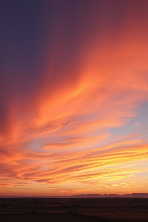 Create a high-resolution image of a serene landscape at sunset with vibrant orange and purple hues in the sky, using a DSLR camera, 50mm lens, f/1.8 aperture, ISO 100, and a slight tripod angle to capture an expansive view.