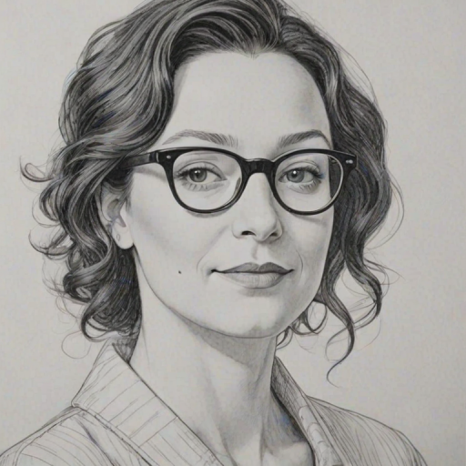 Elegant Sara Gilbert, pencil sketch, portrait of Graceful woman 1955s in glasses, hair style beatnik, outline, clear lines, fine lines, 8k