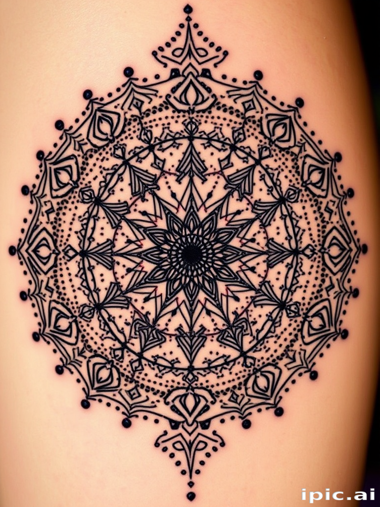 Mesmerizing dot work mandala tattoo titled "Cosmic Constellation" featuring an intricate circular design composed entirely of thousands of tiny dots in varying sizes and densities. The tattoo incorporates sacred geometry patterns, spirals, and symmetrical arrangements that radiate from a central point, creating a hypn