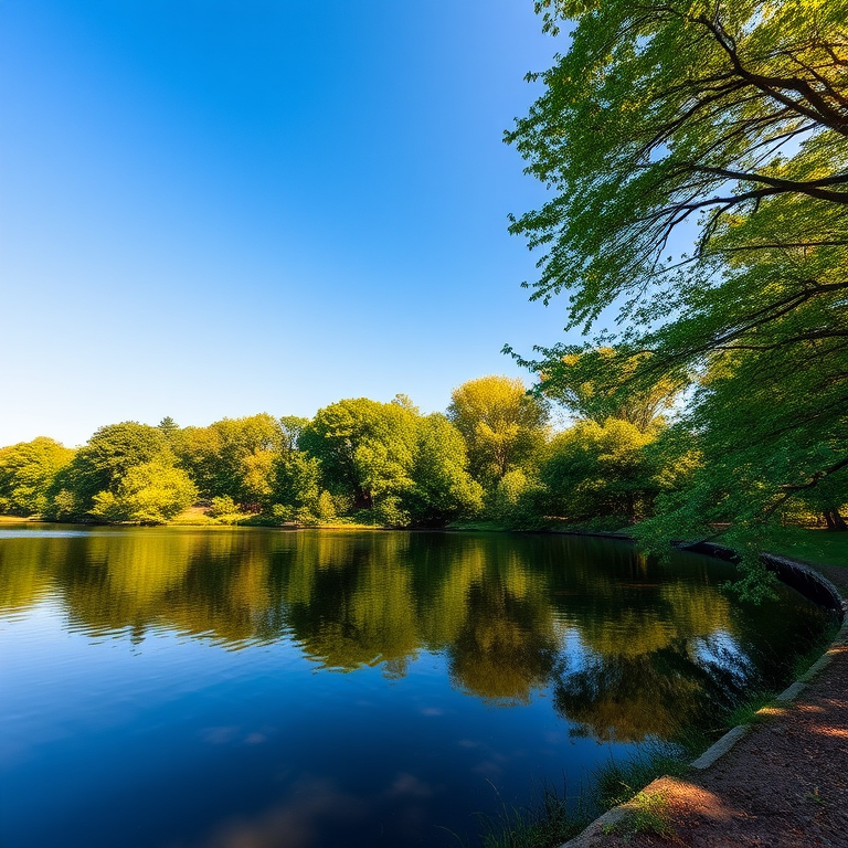 Generate a high-quality image of a serene landscape featuring a calm lake surrounded by lush green trees under a clear blue sky, captured with a DSLR camera at f/8 aperture, 1/125 sec shutter speed, ISO 100, using a wide-angle lens from a low angle perspective.