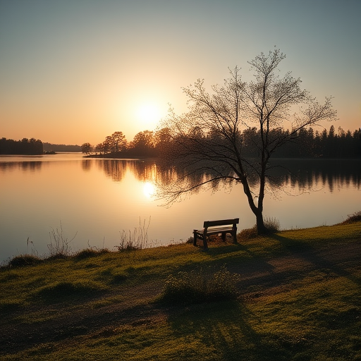Capture a serene landscape of a lake at sunrise with sunlit trees and a bench by the water, use a Canon EOS R5, 35mm lens, f/2.8 aperture, ISO 100, 1/200s shutter speed, in soft natural light with a slight vignette effect for added depth.