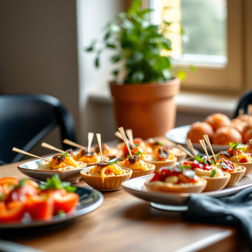 capture a close-up of a table set with colorful appetizers, a potted green herb in the background, with a shallow depth of field to blur the background, using a Canon EOS R5 with a 50mm f/1.2 lens, aperture set to f/2.8, ISO 200, and a soft natural light from a nearby window for enhanced image quality