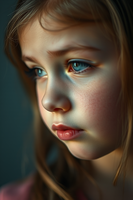 Regenerate a portrait of a young girl with realistic features and a soft expression, using soft lighting for dramatic effect, with a shallow depth of field; camera settings: f/1.8 aperture, ISO 200, shutter speed 1/100; camera view: close-up; camera style: portrait photography; camera type: DSLR.