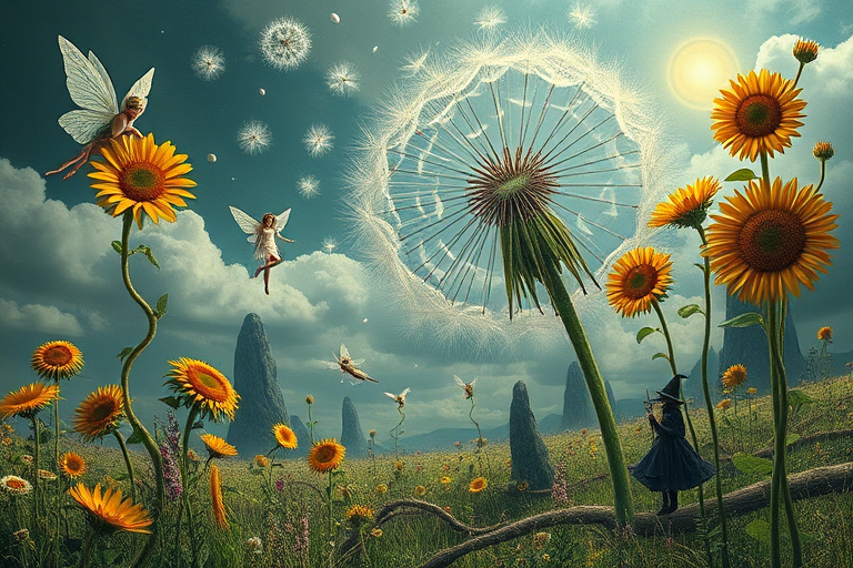 A surreal allegory featuring ethereal fairies, towering sunflowers, and an enigmatic witch, all set within a dreamlike landscape. The scene is dominated by a colossal dandelion, its delicate seeds floating through the air, reminiscent of Yves Tanguy's abstract forms. The environment is a blend of otherworldly elements and natural beauty, with twisted, elongated shapes and surreal colors that evoke a sense of mystery and enchantment.