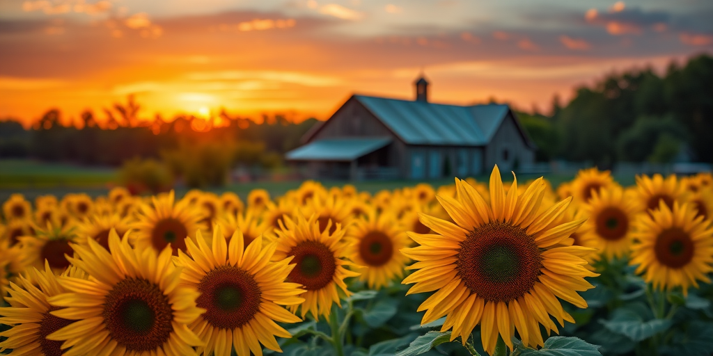 sunflower field at sunset with a rustic barn in the background, vibrant colors, golden hour lighting, Canon EOS R5, 24mm f/1.4 lens, ISO 100, f/5.6, 1/200 sec, wide-angle view, cinematic style