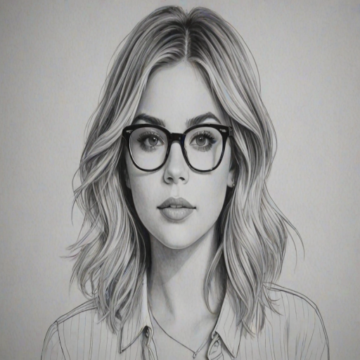 Exquisite Ashley Benson, pencil sketch, portrait of Radiant woman 1964s in glasses, hair style beatnik, outline, clear lines, fine lines, 8k
