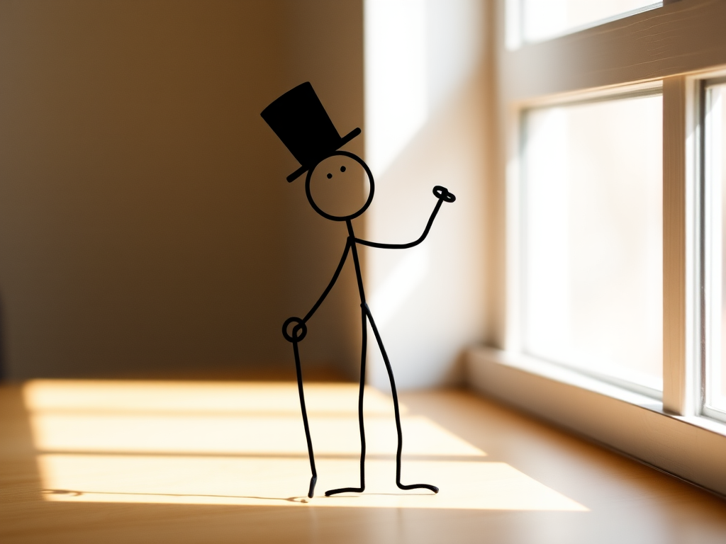 Create a high-quality image of a simple stick figure with a top hat and cane, with a playful and whimsical posture, using a DSLR camera, 50mm lens, f/2.8 aperture, 1/200 shutter speed, and natural lighting from a side window for soft shadows.