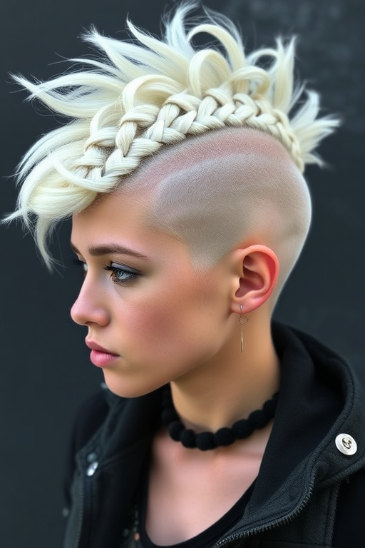 Icy platinum blonde hair styled in a braided mohawk with shaved sides, the Frozen Warrior style showcases bold creativity and fierce individuality