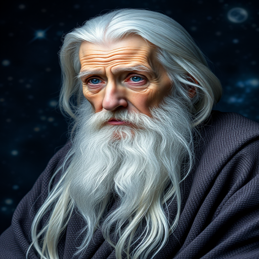 portrait of an elderly sage with long white hair and deep blue eyes, gazing thoughtfully, wearing a textured robe, intricate celestial background with stars and galaxies, soft lighting, shot with a Canon EOS R5, 85mm lens, f/1.8 aperture, ISO 100, 1/200s shutter speed, shallow depth of field, studio lighting for enhanced details
