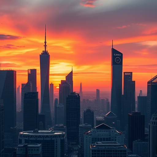 Generate a high-resolution image of a futuristic city skyline at sunset with vibrant colors, using a Canon EOS R5 camera, 24mm lens, aperture f/8, ISO 200, shutter speed 1/125s, wide-angle perspective, ensuring sharp focus and rich details.