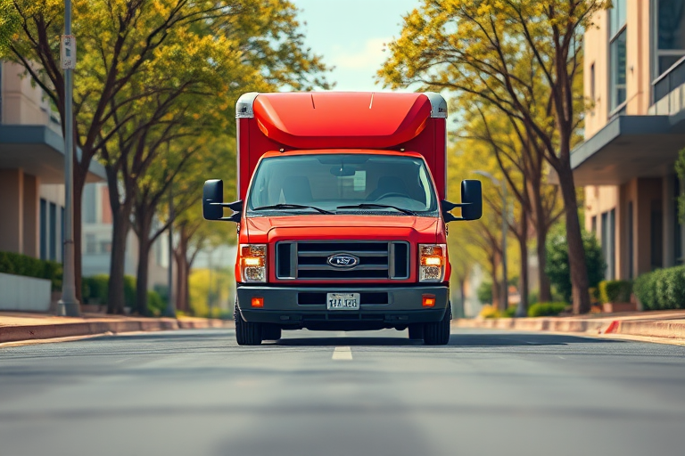 Create a high-resolution image of a red delivery truck from a low-angle perspective, f/8 aperture, 1/250 sec shutter speed, ISO 100, natural lighting, digital illustration style.