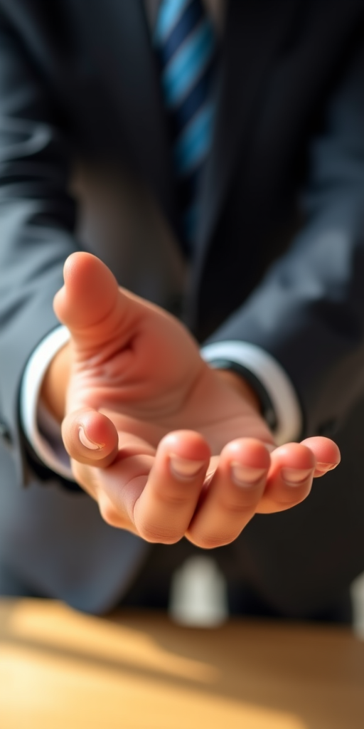 A close-up of a businessperson's hand extended for a handshake, captured with a DSLR camera at f/2.8 aperture, ISO 100, 50mm lens, natural lighting for a soft, warm tone, shallow depth of field to emphasize the hand, and a slightly blurred background.