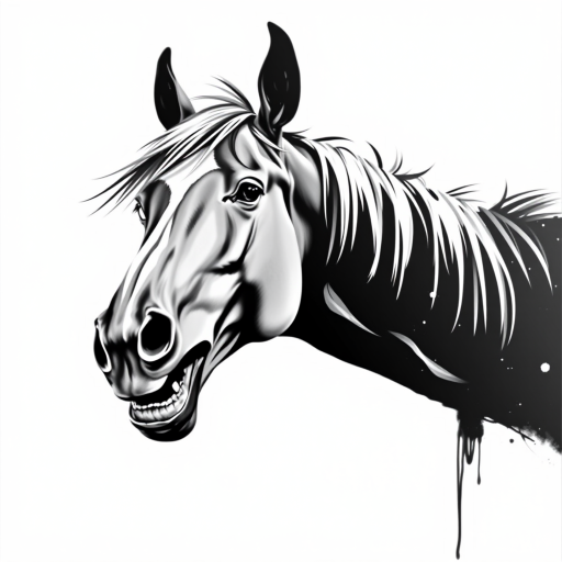 Abstract black and white acrylic portrait of an over exaggerated laughing (horse). Minimalism style. White background.