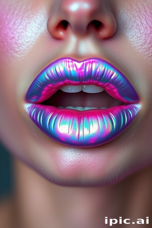 Holographic iridescent lips that shift from lavender to teal, dubbed "Mermaid's Kiss," create a mesmerizing effect with a glossy, multidimensional finish for avant-garde fashion shows