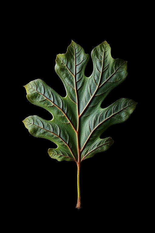 Create a high-resolution close-up image of a stylized oak leaf on a solid black background with soft lighting, aperture at f/4, ISO 100, shutter speed 1/125 sec, using a DSLR camera with a macro lens for enhanced detail and clarity.