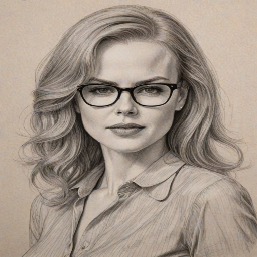 Lovely Nicole Kidman, pencil sketch, portrait of Attractive woman 1947s in glasses, hair style beatnik, outline, clear lines, fine lines, 8k