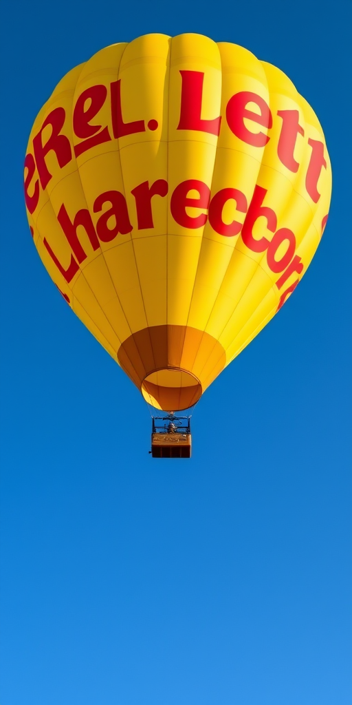 A vibrant yellow hot air balloon with red lettering soaring against a clear blue sky, captured with a DSLR camera at 50mm focal length, f/8 aperture, ISO 100, daylight white balance, and a wide-angle perspective to enhance depth and clarity.