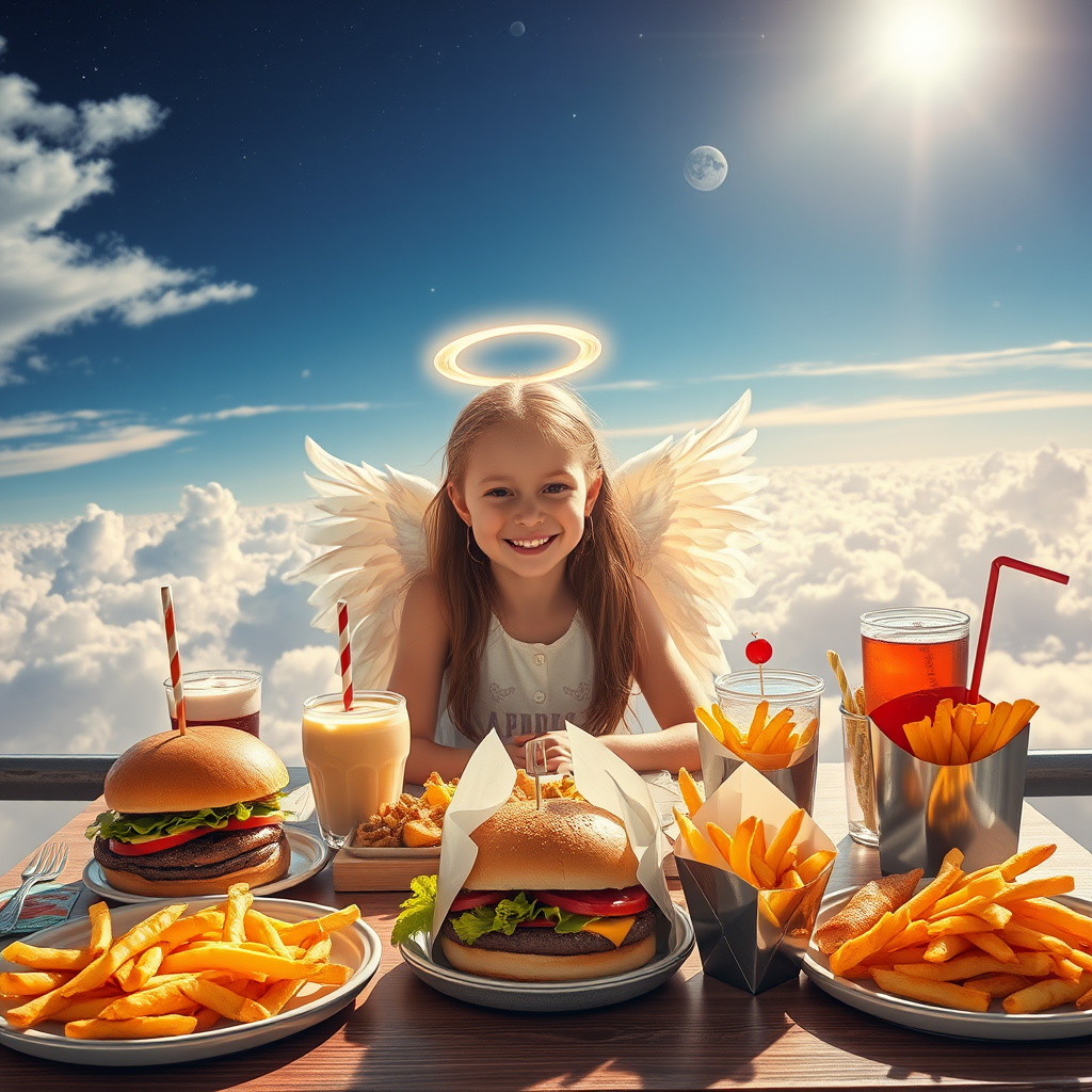 A dreamy scene of a girl with angel wings and a halo, sitting at a table filled with delicious burgers, fries, desserts, and drinks, against a bright sky filled with clouds and distant planets, captured with a Canon EOS R6, 50mm lens, f/1.8 aperture, ISO 100, soft focus background, vibrant colors, and high dynamic range.
