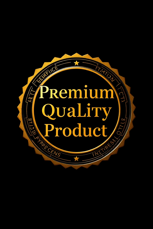Generate a high-resolution image of a gold seal with the text "Premium Quality Product" in an elegant font, using a DSLR camera with a 50mm lens, aperture set to f/1.8, ISO 100, and a shallow depth of field for emphasis, centered on a solid black background.