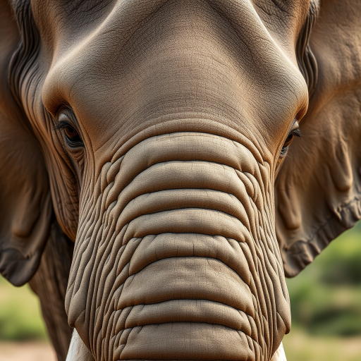 a close-up shot of an elephant's head with detailed texture and deep expression, taken with a Canon EOS 5D Mark IV, 50mm lens, aperture f/1.8, shutter speed 1/200s, ISO 100, natural light, shallow depth of field, emphasizing the intricate skin patterns and the eye