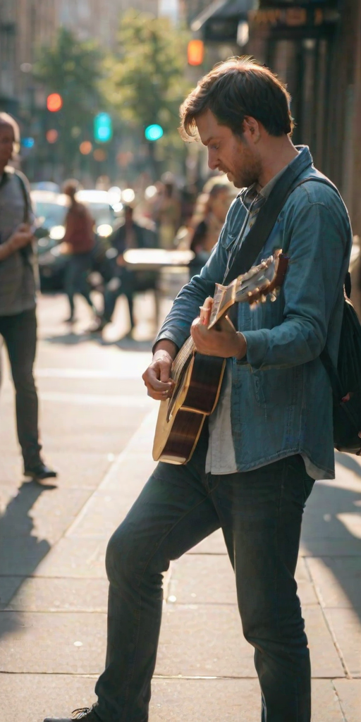 Blurry, candid photo of a street musician playing guitar on a busy city sidewalk, soft sunlight glinting off the strings, pedestrians walking by, some stopping to listen, the distant sound of cars honking and soft chatter filling the air.
