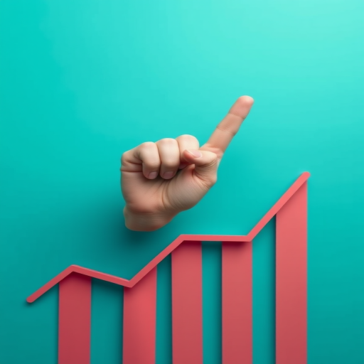 Create an image of a upward trending graph represented by a stylized hand pointing upwards, with a solid teal background, using a Canon EOS 5D Mark IV, f/8 aperture, ISO 100, 50mm lens, and a slight overhead angle for a professional look.