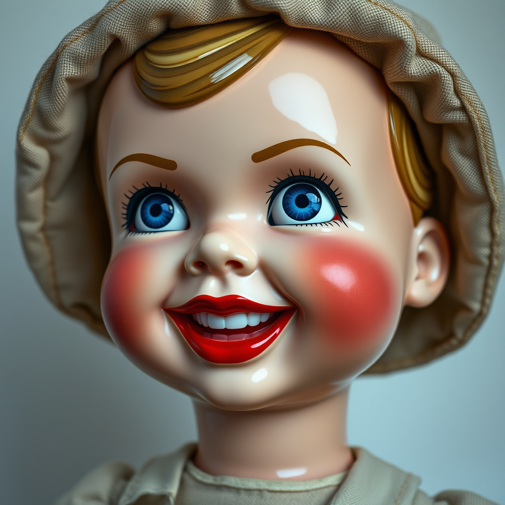 Generate a hyper-realistic image of a vintage doll with rosy cheeks, dimples, and a wide grin with red lips. The doll has bright blue, glossy eyes looking to the side, wearing a beige fabric hat. The face is shiny plastic, contrasting with the matte fabric of the clothing. The background is plain and neutral, emphasizing the doll’s unsettling expression.