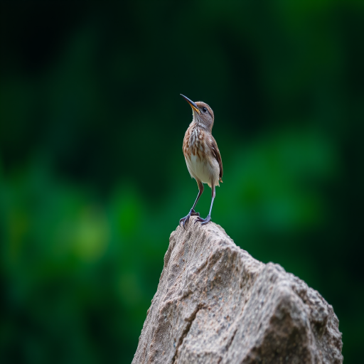 a bird standing on a rock singing against a blurred green background