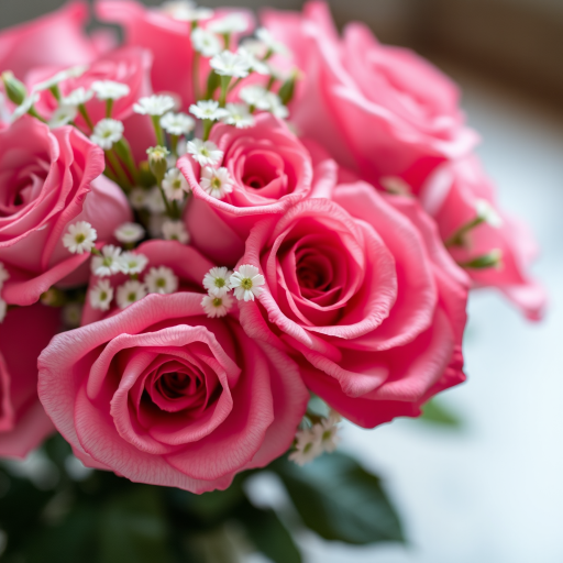 regenerate a bouquet of pink roses with delicate white flowers, focus on vibrant colors and details, shallow depth of field, 50mm lens, f/1.8 aperture, natural light, macro photography, high-resolution image