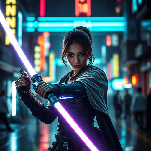 Generate a high-resolution image of a female warrior in a futuristic urban setting, wielding a glowing lightsaber, with dramatic neon lights illuminating the background, captured using a Canon EOS R5, 50mm lens, aperture f/1.8, ISO 100, and a shallow depth of field for a cinematic effect.