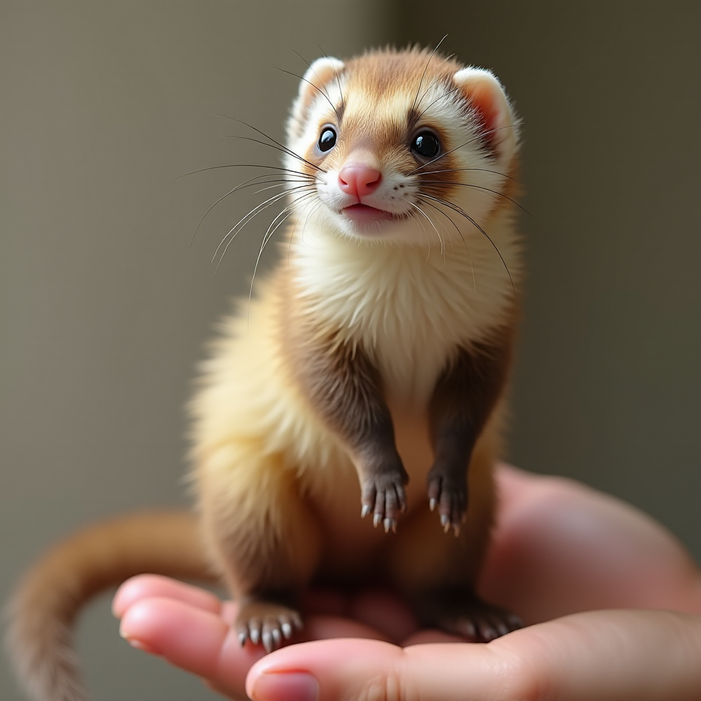 An extremely hyper-realistic ferret, its whole body fits perfectly in someone's finger. A ferret has rare colors and is extremely adorable. The ferret is extremely fluffy, making it eye-catching when enlarged. And standing on 2 legs