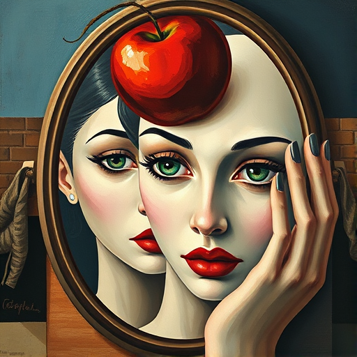 Abstract Surrealist cubist painting depicting a woman with green eyes and a red apple on her head looking at herself in the mirror