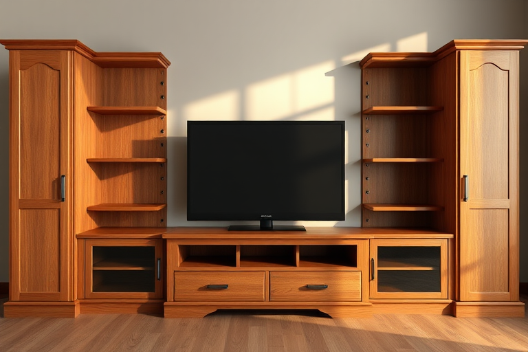 Create a detailed 3D rendering of a wooden entertainment center with a central TV, side cabinets, and drawers, using a DSLR camera with a 50mm lens at f/2.8, ISO 100, shutter speed 1/125 sec, natural lighting to enhance texture and color.