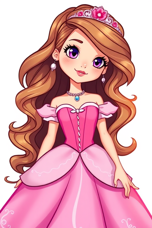 Create a colorful illustration of a cartoon princess with wavy hair, wearing a pink gown with white accents, intrinsic details on the dress, bright background, captured with a digital camera at 50mm, f/1.8 aperture, ISO 100, and soft focus for a whimsical effect.