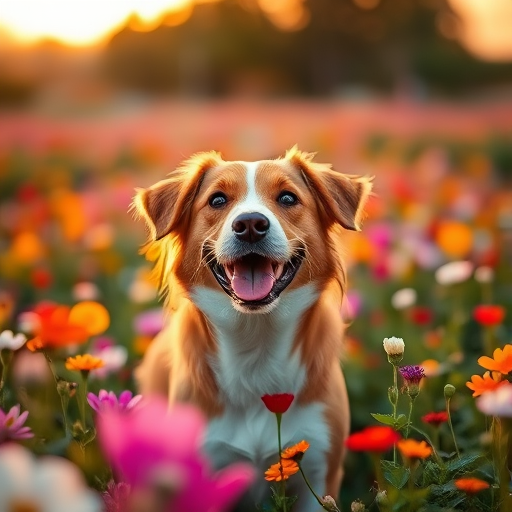 A happy brown and white dog standing in a vibrant field of flowers during golden hour, captured with a DSLR camera, 50mm lens, f/1.8 aperture, shallow depth of field, soft focus background, natural light, slightly low angle shot for dramatic effect.