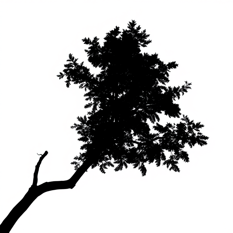 Generate an image of a detailed black silhouette of a tree against a white background, using a DSLR camera with a 50mm lens at f/1.8, ISO 100, and 1/200 shutter speed, side view, with soft lighting for enhanced contrast.