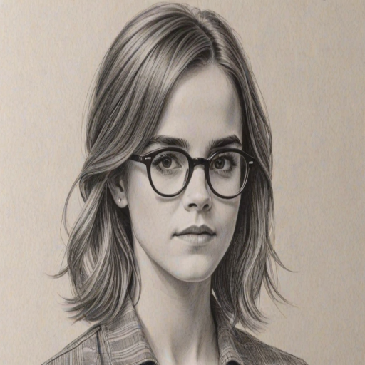 Fascinating Emma Watson, pencil sketch, portrait of Comely woman 1962s in glasses, hair style beatnik, outline, clear lines, fine lines, 8k
